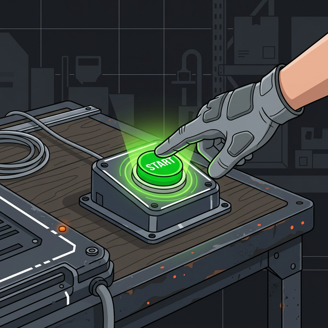 Hand pressing green industrial button